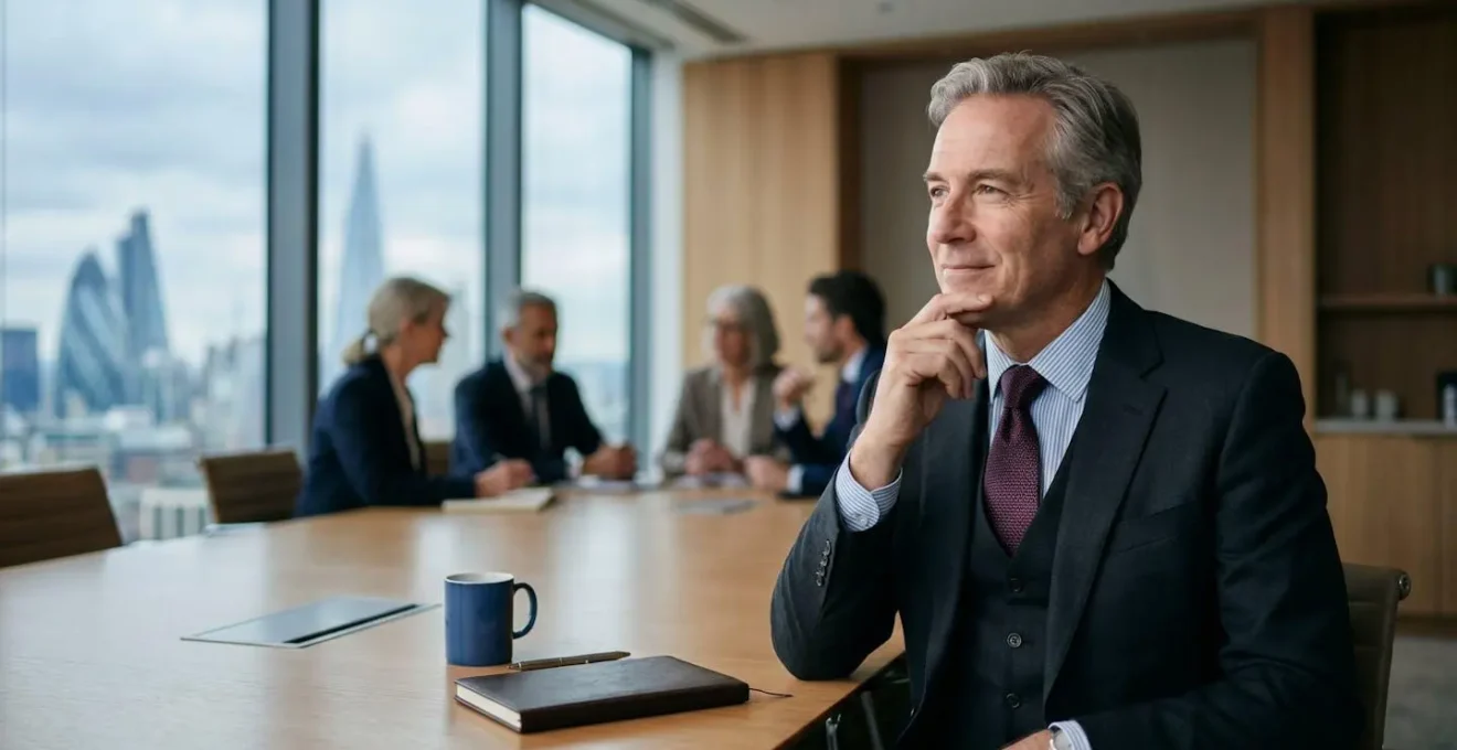 UK business executive in thoughtful pose during strategic meeting in London office