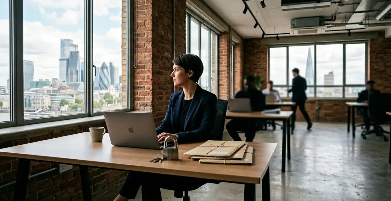 Business professional working on data security measures in a modern office environment