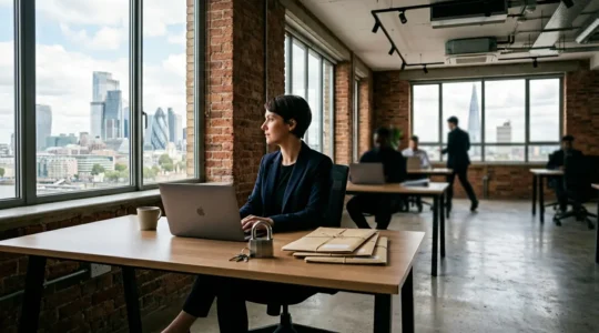 Business professional working on data security measures in a modern office environment