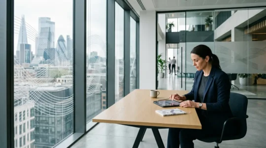 Modern UK office financial management dashboard with cash flow visualization