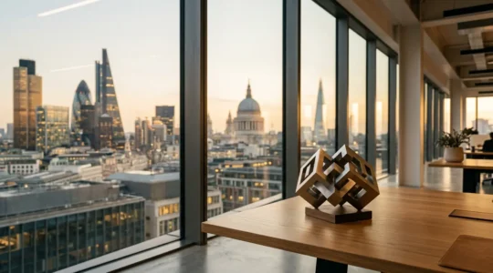 Modern office environment showing financial professionals navigating complex regulatory frameworks with UK elements