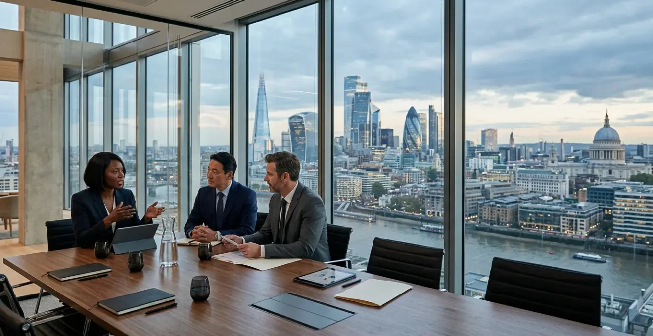 Professional UK business executives reviewing financial documents in modern London office setting with city skyline