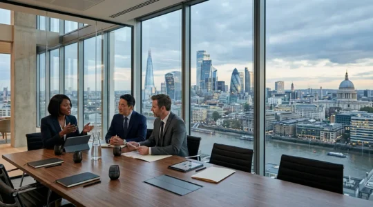Professional UK business executives reviewing financial documents in modern London office setting with city skyline