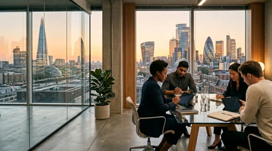 Strategic cash flow management meeting in a modern UK startup office