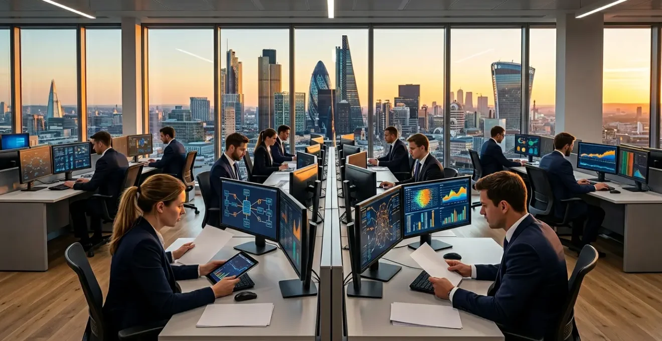 UK financial control center with multiple payment processing screens and verification systems