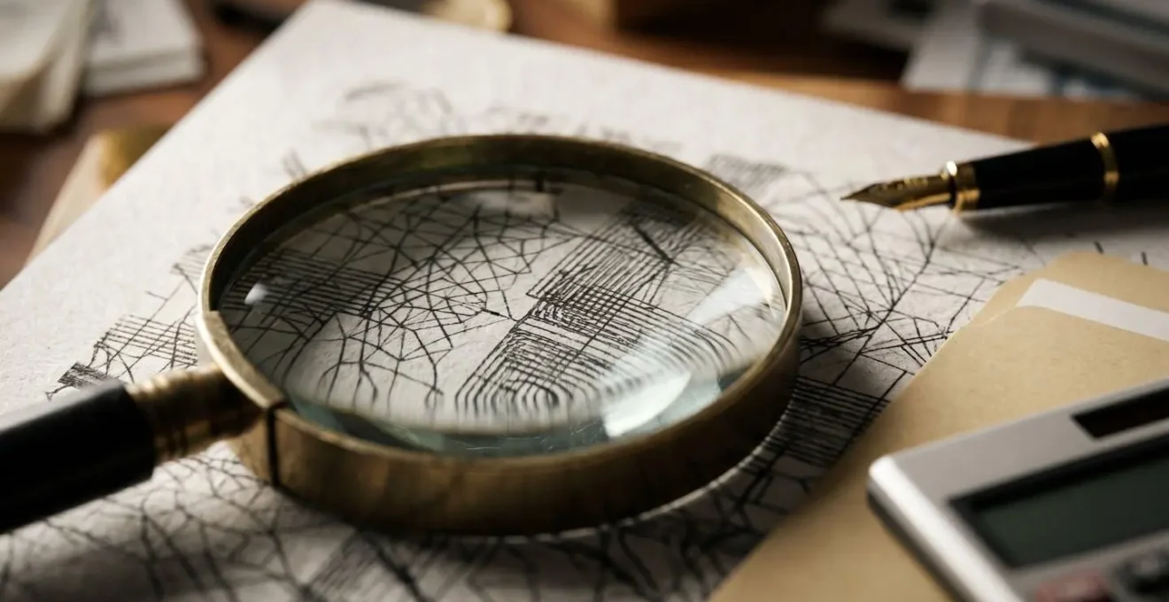 Forensic examination of company financial records with magnifying glass