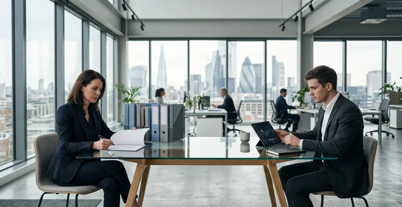 Business professionals reviewing documents in modern office with city views