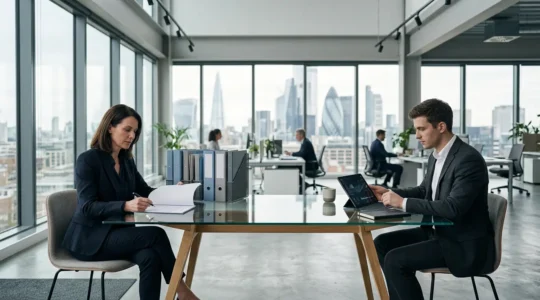 Business professionals reviewing documents in modern office with city views