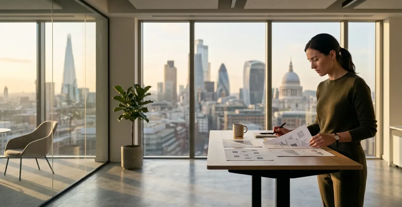 Modern UK office environment showing strategic compliance planning dashboard