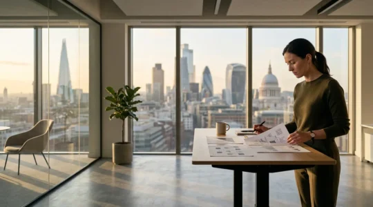 Modern UK office environment showing strategic compliance planning dashboard