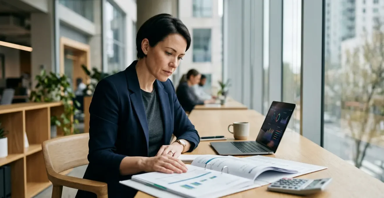 UK business owner reviewing VAT returns and cash flow documents in modern office