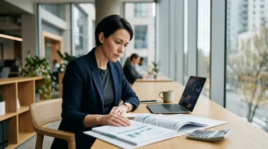 UK business owner reviewing VAT returns and cash flow documents in modern office