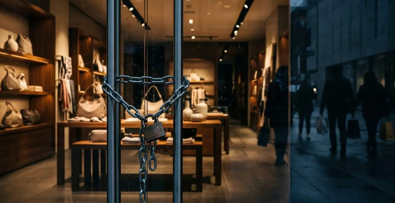 Empty retail store with locked glass doors during peak shopping hours