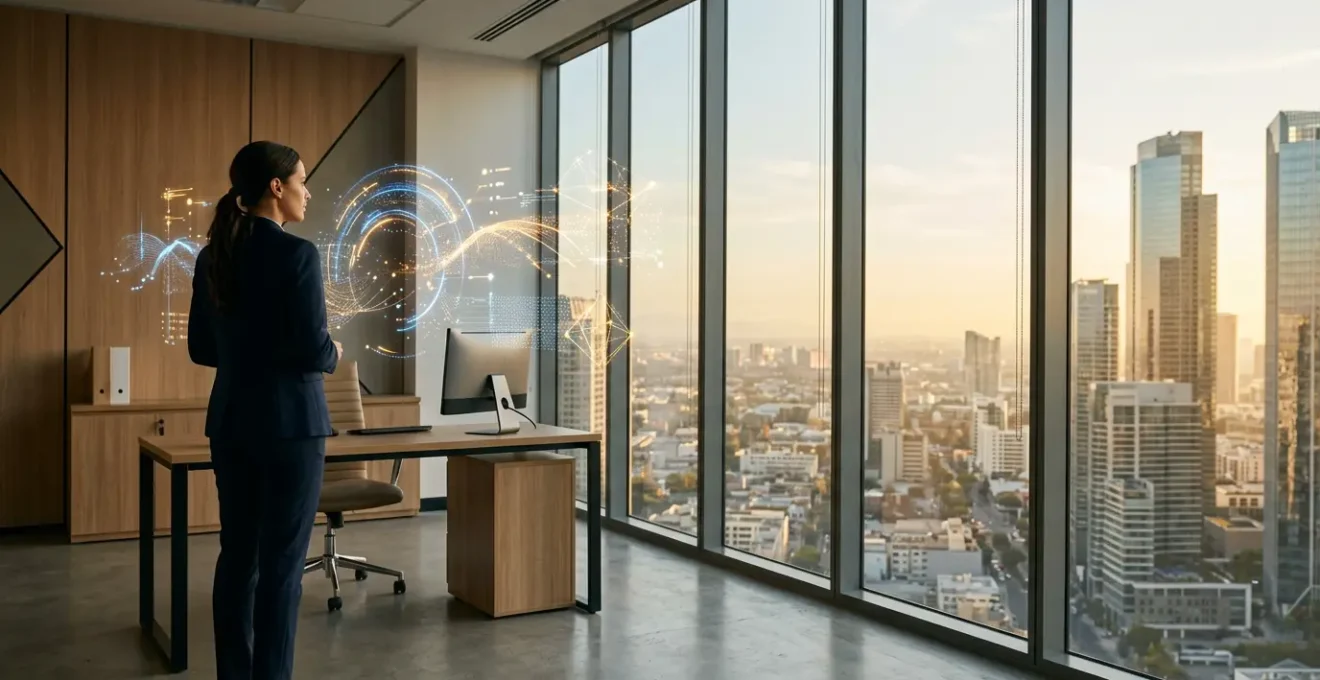 Modern office showing automated billing dashboard from strategic angle with data visualization flowing seamlessly