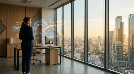 Modern office showing automated billing dashboard from strategic angle with data visualization flowing seamlessly
