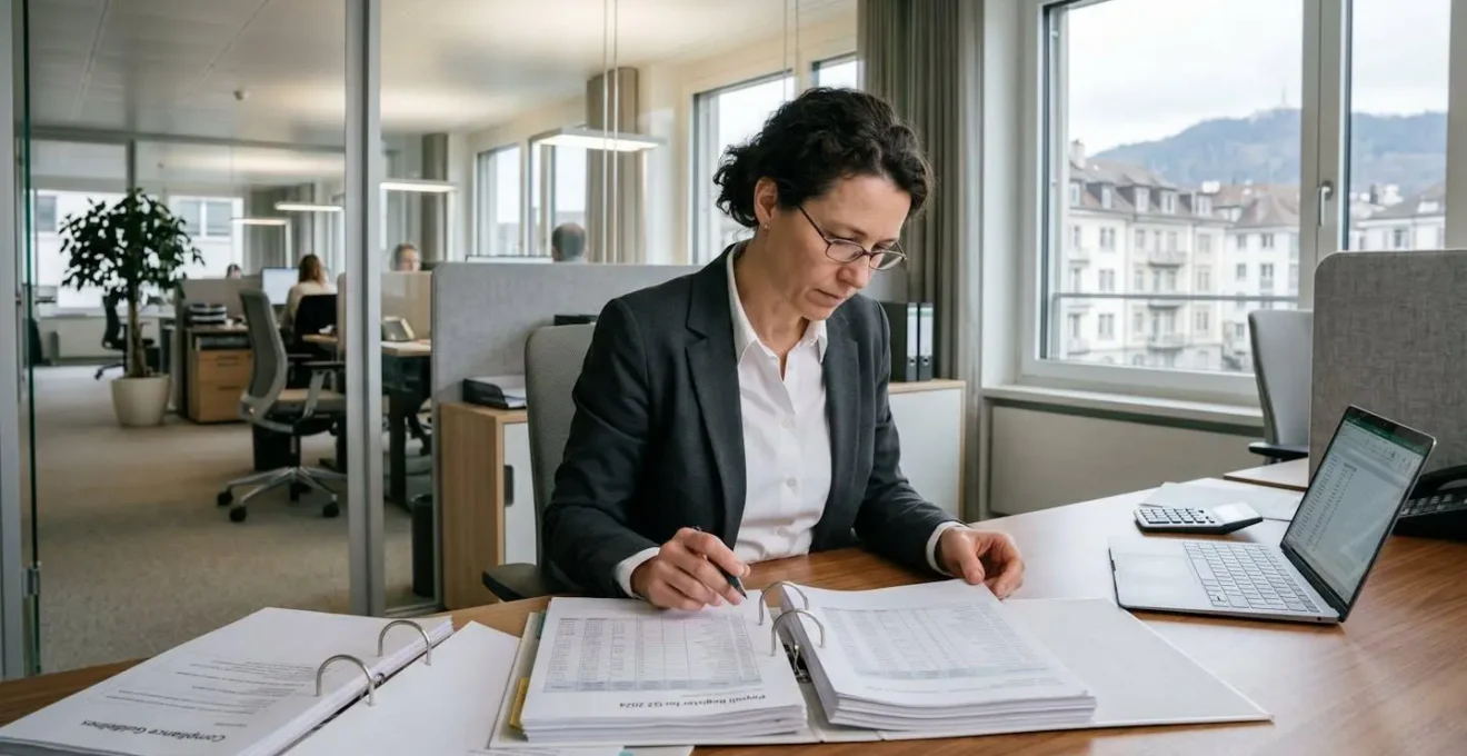 Compliance auditor reviewing detailed payroll documentation in Swiss professional office setting