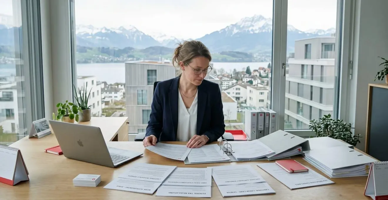 HR professional in modern Swiss office reviewing cantonal payroll documentation with mountain landscape visible through window