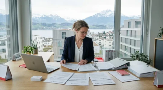 HR professional in modern Swiss office reviewing cantonal payroll documentation with mountain landscape visible through window